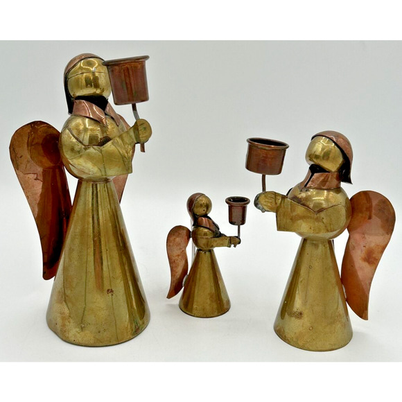 Vintage Copper & Brass Angel Candle Holders Set of 3 Made in Mexico SKU U183